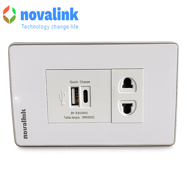 Bộ ổ cắm điện âm tường  2 chấu + sạc chính hãng novalink NV-21003WS+P21-QC1