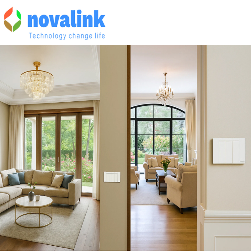 Bộ mặt 3 công tắc một chiều Novalink khung nhôm, mầu trắng A5-04 cao cấp
