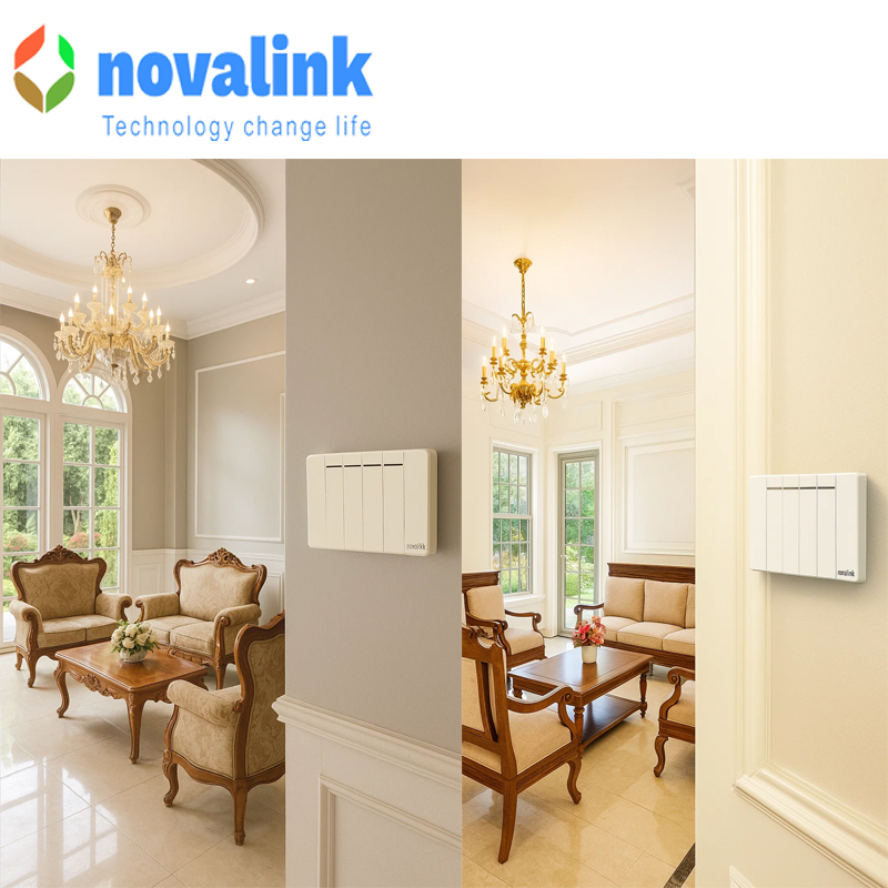 Bộ mặt 4 công tắc một chiều lắp âm tường mầu trắng cao cấp A5-05 chính hãng Novalink
