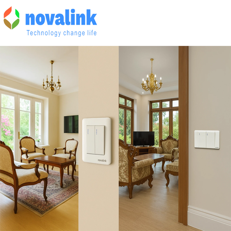 mặt ổ công tắc 2 cổng lắp âm tường Novalink A6-03 cao cấp, tràn viền, khung nhôm