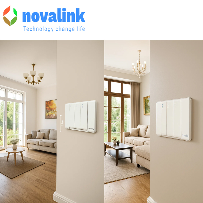 Bộ mặt 3 công tắc điện 1 chiều lắp âm tường Chính hãng Novalink A6-04, mầu trắng, khung nhôm