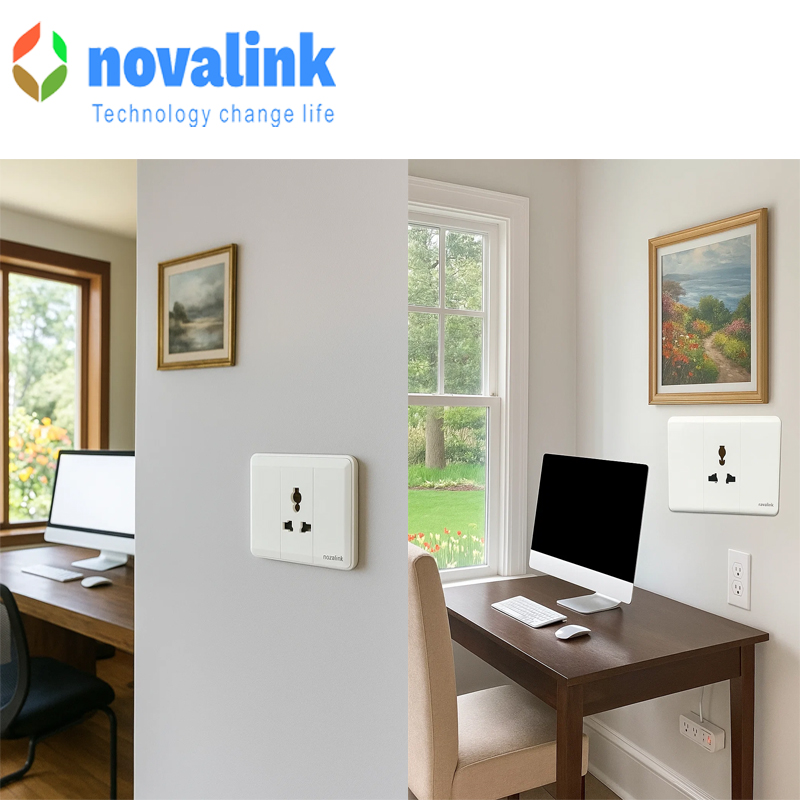 Bộ mặt 1 cổng ổ cắm đa năng khung nhôm lắp âm tường chính hãng Novalink A6-08 cao cấp