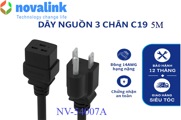Dây nguồn UPS 1 đầu C19 1 đầu 3 chân dài 5m lõi đồng 3 x 2,08mm Novalink NV-54007A