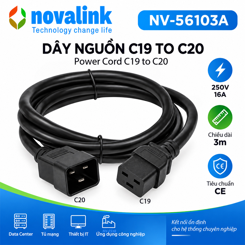 Dây nguồn C19 to C20 NovaLink dài 3m lõi đồng 3 x 2.5mm cao cấp mã NV-56103A