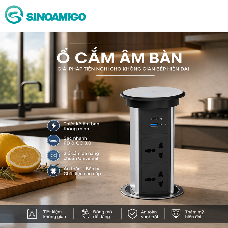 Ổ Điện &Acirc;m B&agrave;n Sinoamigo SMT-6S M&agrave;u Bạc - 2 Ổ Cắm Universal 16A, USB Type A+C, Sạc Kh&ocirc;ng D&acirc;y, Mở Nắp Cảm Ứng