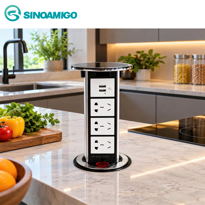 Ổ cắm &acirc;m b&agrave;n đảo, b&agrave;n bếp Sinoamigo mầu đen 3 điện + 2 sạc m&atilde; STP-1B sang trọng