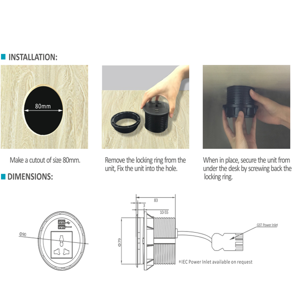 Bộ ổ điện + USB type A và Type C  âm bàn SinoAmigo STS-R90-2W mầu trắng