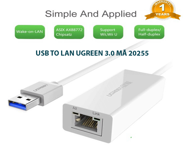 Cáp chuyển đổi cổng  USB sang Lan 3.0 hãng Ugreen mã 20255 tốc độ gigabit