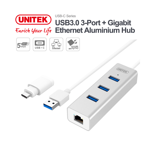 Bộ chia USB3.0 3-Port + Gigabit Ethernet Aluminium Hub chính hãng Unitek Y-3083B