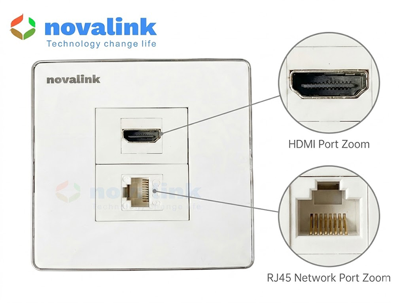 Bộ ổ cắm mạng cat 6 + HDMI lắp &acirc;m tường ch&iacute;nh h&atilde;ng Novalink H&igrave;nh vu&ocirc;ng si&ecirc;u tiện lợi