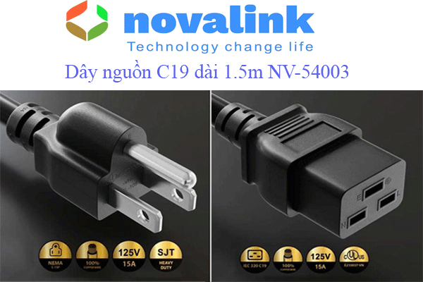 dây nguồn 3 chân chuẩn C19 dài 1,5m Novalink lõi 3 x 2.08mm, lõi đồng 100% NV-54003
