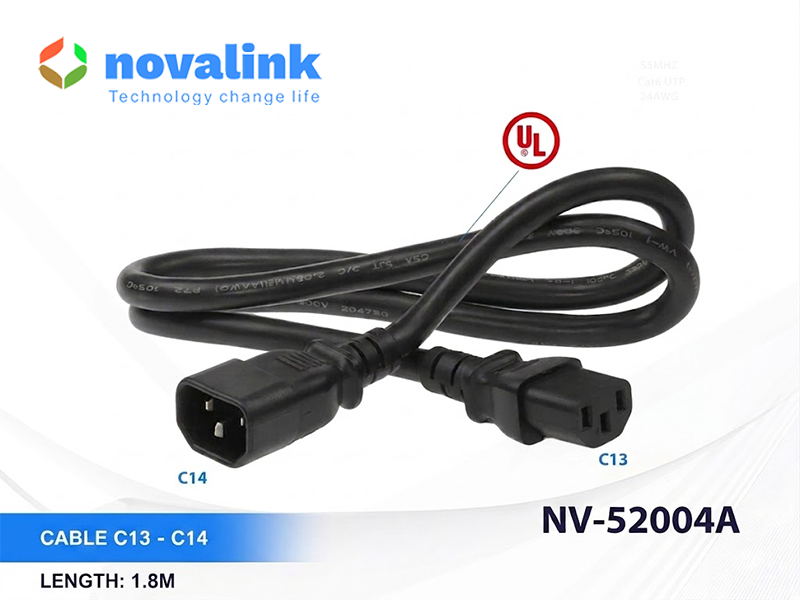 Dây nguồn C13, C14 lõi 3 x 1,31mm dài 1,8m đạt chuẩn UL Hãng Novalink mã NV-52004A lõi đồng 100%