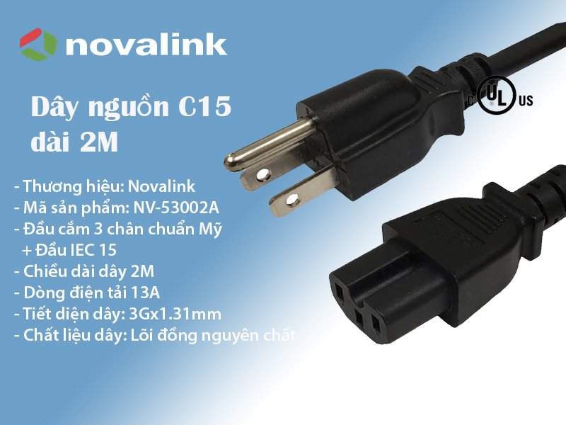 Dây nguồn 3 chân chuẩn  C15 dài 2m lõi 3*1.31mm hãng novalink mã NV-53002A công xuất 13A