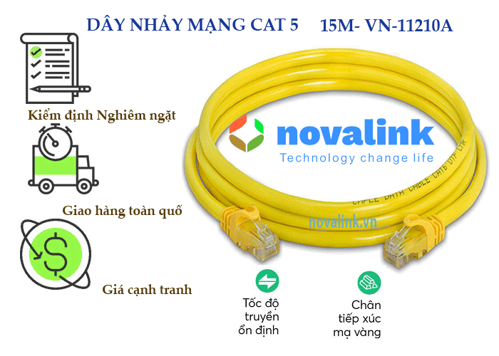 Dây nhảy cat5 Novalink dài 10m chính hãng,mầu vàng pass pluke mã NV-11209A