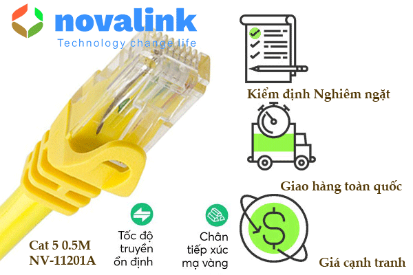 Dây nhảy mạng cat5 Novalink dài 0,5m mầu vàng mã NV-11201A