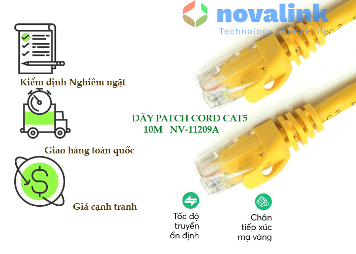 Dây nhảy cat5 Novalink dài 10m chính hãng,mầu vàng pass pluke mã NV-11209A