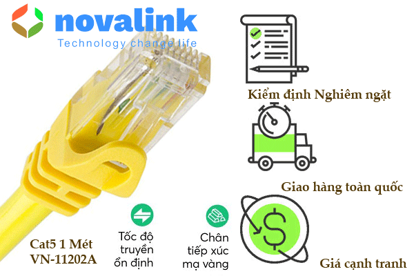 Dây nhảy mạng cat5 dài 1m mầu vàng chính hãng Novalink NV-11202A lõi đồng