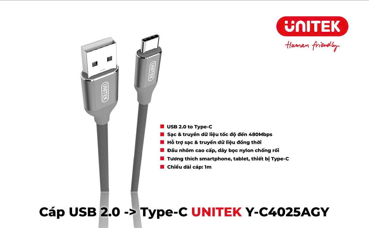 Bán cáp sạc usb to usb type C; Cáp chuyển USB 2.0 to  USB Type C chính hãng Uniek Y-C4025AGY chất lương