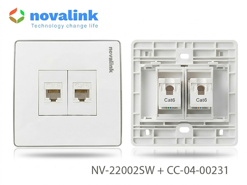 Mặt mạng cat6 2 cổng hình vuông lắp âm tường mầu trắng hình vuông chính hãng Novalink  cao cấp