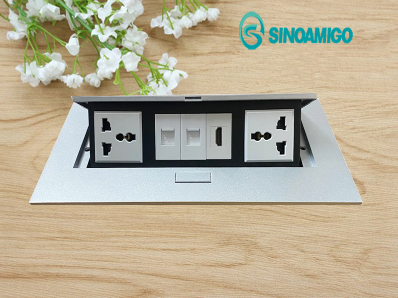 Bộ ổ cắm âm bàn điện nắp lật Sinoamigo mầu bạc modul rời STS_212-GST-1