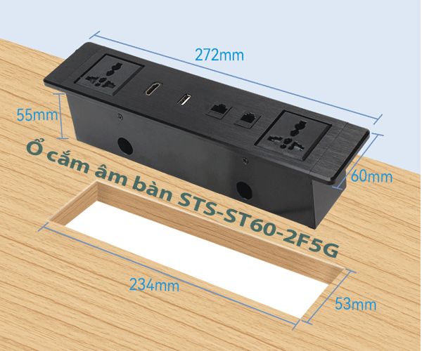 Ổ cắm âm bàn SinoAMigo cao cấp mã STS-ST60-2F5G sang trọng mầu đen