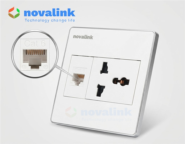 Bộ  ổ điện 3 chấu + ổ mạng cat6 Hình vuông lắp âm tường Novalink NV-22003SW+M-13 chính hãng