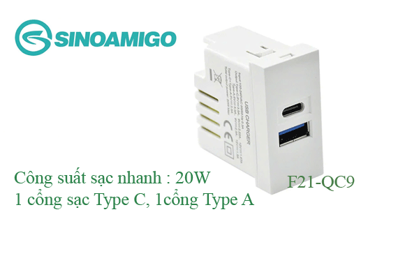 Ổ cắm sạc, Hạt ổ cắm sạc USB type A+C sinoamigo F21-QC9 công xuất 20W chính hãng cao cấp