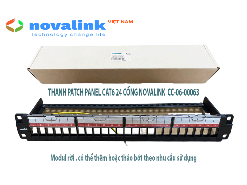 Thanh quản lý cáp Patch panel 24 cổng cat6 Novalink cao cấp lắp tủ rack 19 inch mã CC-06-00063