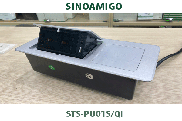 Hộp ổ cắm âm bàn nắp bật có sạc không dây SInoAmigo mầu bạc  STS-PU01S/Qi