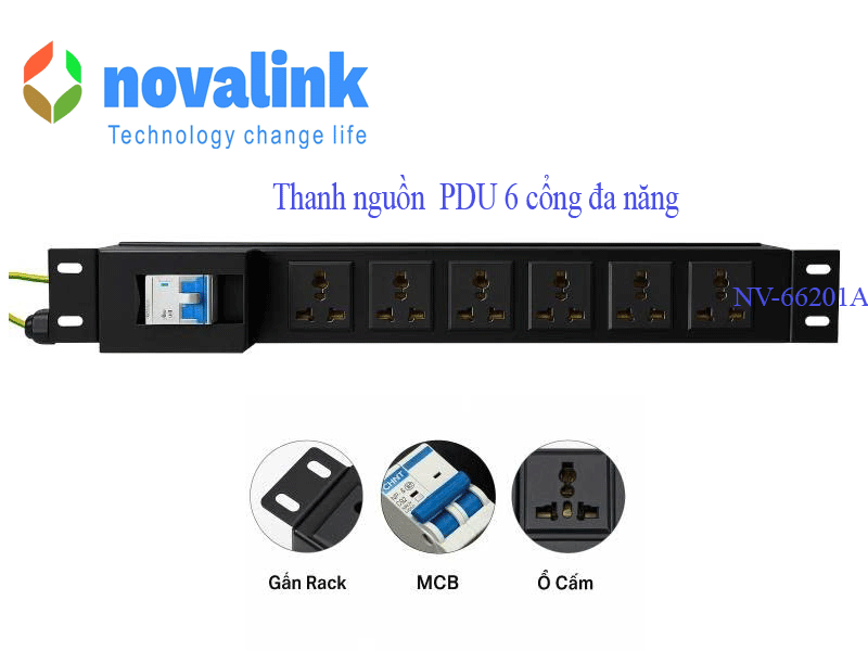 Thanh nguồn lắp tủ 19 inch chuẩn Đa năng 6 ổ cắm , Thanh nguồn PDU chuẩn đa năng Novalink mã NV-66201A