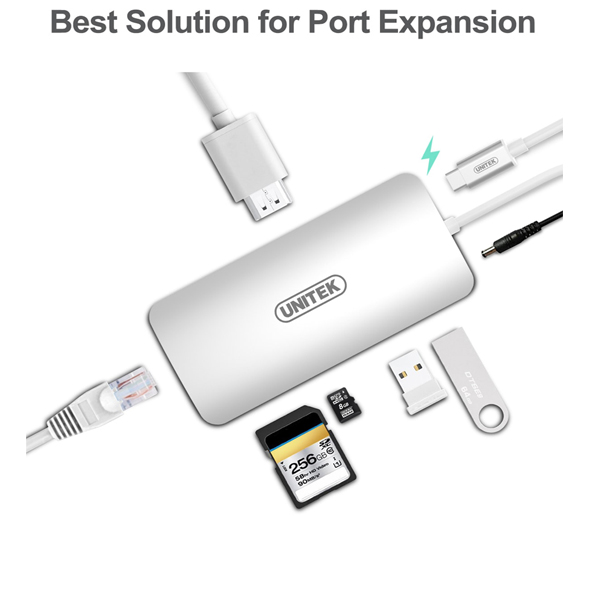 Cáp chuyển USB3.1 Type-C Aluminium( vỏ nhôm) sang-Port USB Type-A + USB Type-C + HDMI + SD/Micro SD Card Reader + Gigabit Ethernet Converter)