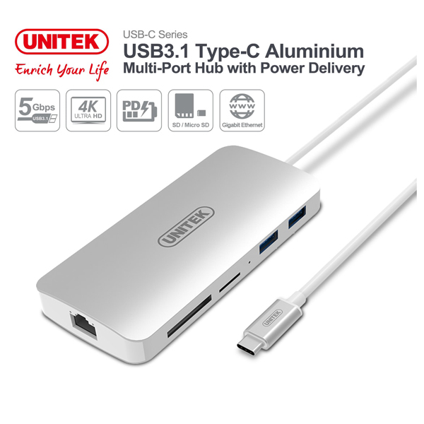 Cáp chuyển USB3.1 Type-C Aluminium( vỏ nhôm) sang-Port USB Type-A + USB Type-C + HDMI + SD/Micro SD Card Reader + Gigabit Ethernet Converter)