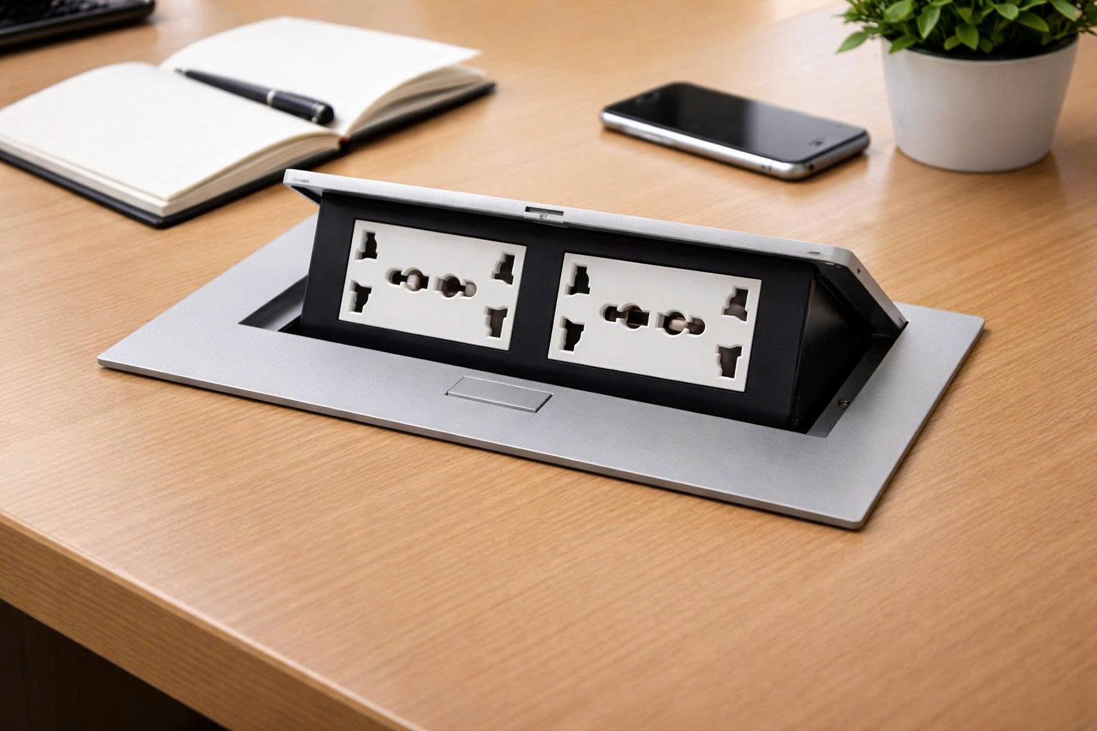 Bộ ổ cắm âm bàn nắp bật SinoAmigo STS-212GST-2 cao cấp mầu bạc