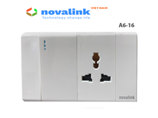 Bộ mặt 1 công tắc, 1 ổ cắm đa năng khung nhôm, mặt nhựa cao cấp NovaLink A6-16 lắp âm tường