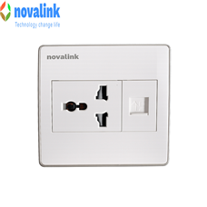 Bộ  ổ điện 3 chấu + ổ mạng cat6 Hình vuông lắp âm tường Novalink NV-22003SW+M-13 chính hãng