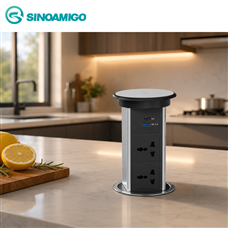 Ổ Điện Âm Bàn Sinoamigo SMT-6S Màu Bạc - 2 Ổ Cắm Universal 16A, USB Type A+C, Sạc Không Dây, Mở Nắp Cảm Ứng